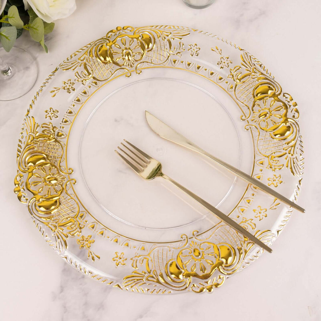 6 - Pack Plastic Round Charger Plates 13" in Clear with Gold Florentine Embossed Rim, Exquisite Dinner Serving Plates - Bell Racket Store
