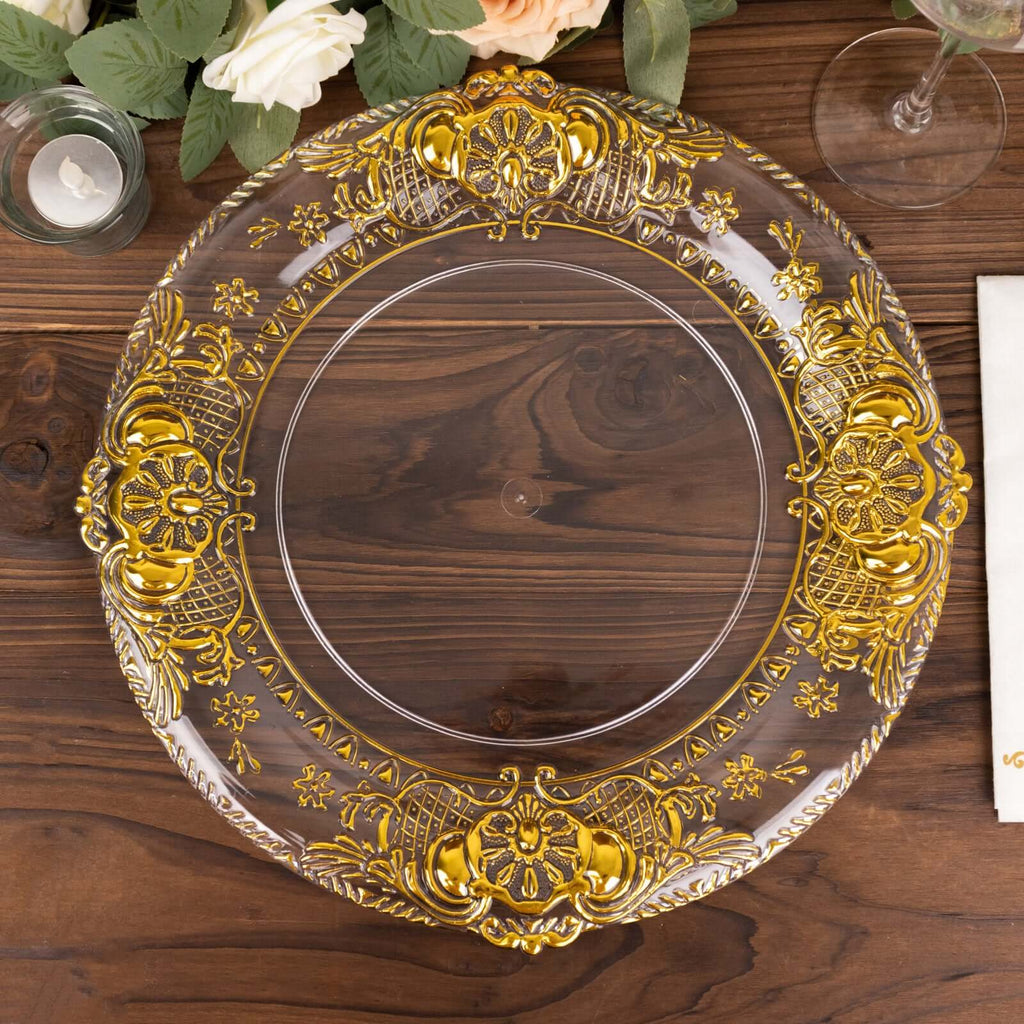 6 - Pack Plastic Round Charger Plates 13" in Clear with Gold Florentine Embossed Rim, Exquisite Dinner Serving Plates - Bell Racket Store
