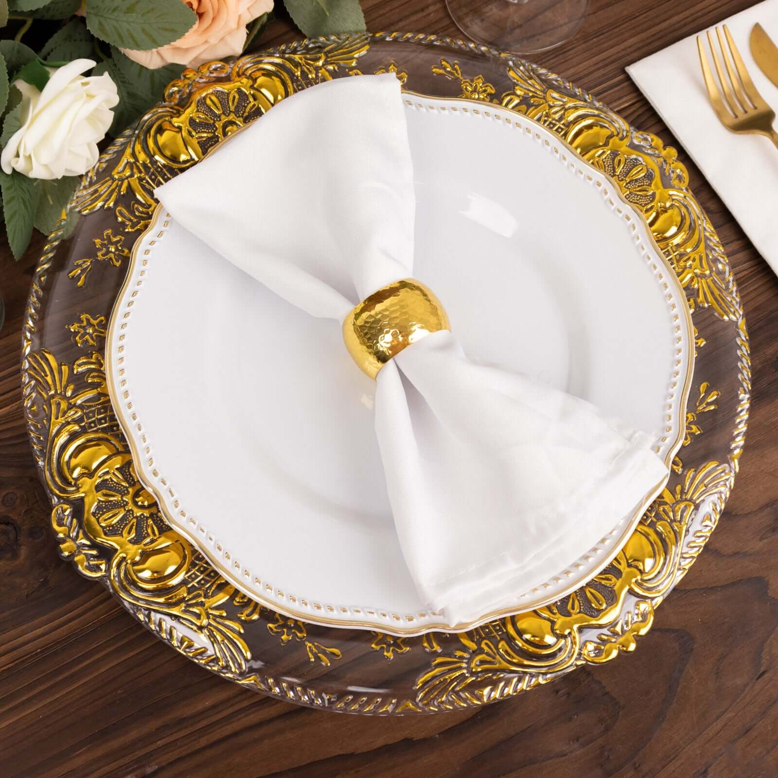 6 - Pack Plastic Round Charger Plates 13" in Clear with Gold Florentine Embossed Rim, Exquisite Dinner Serving Plates - Bell Racket Store