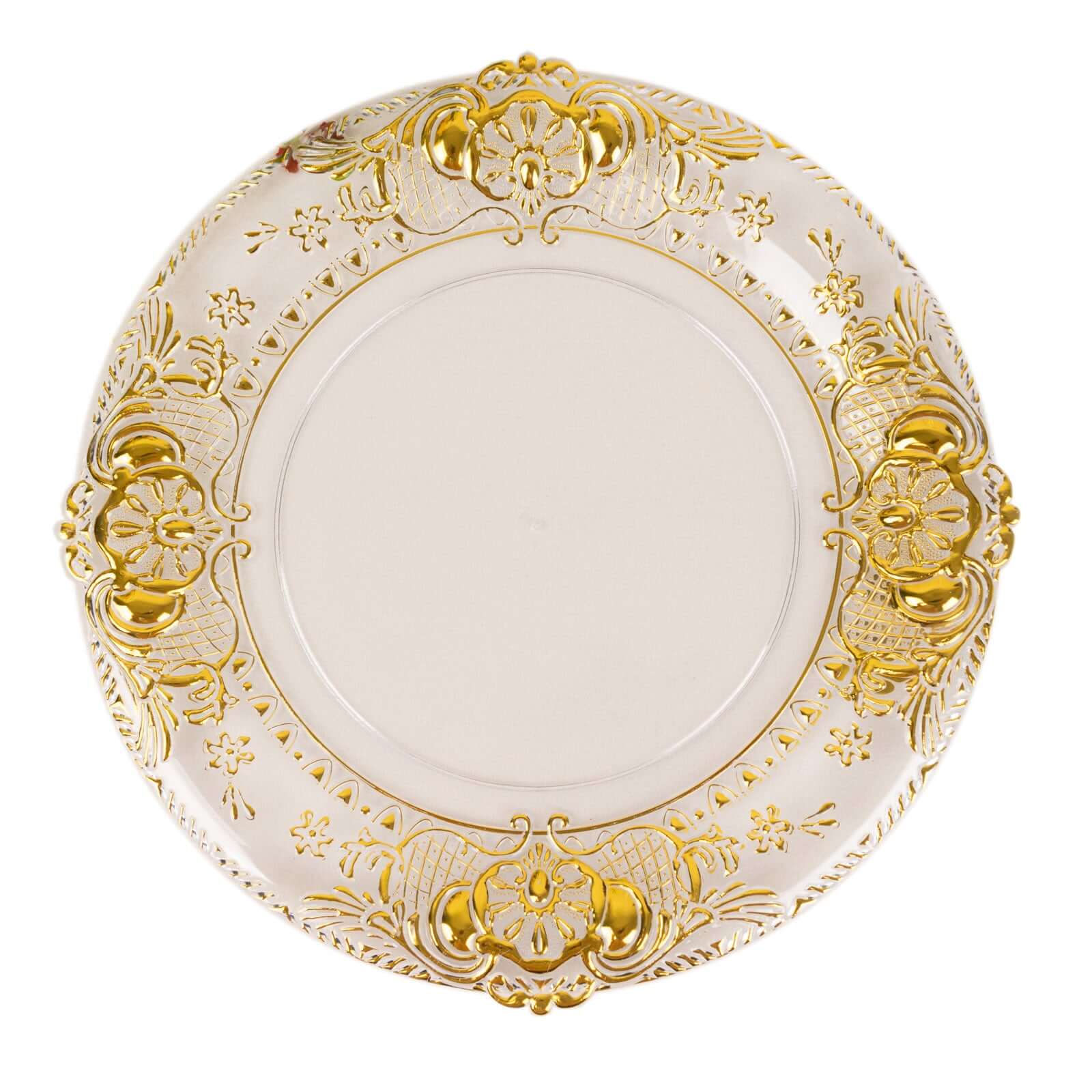 6 - Pack Plastic Round Charger Plates 13" in Clear with Gold Florentine Embossed Rim, Exquisite Dinner Serving Plates - Bell Racket Store