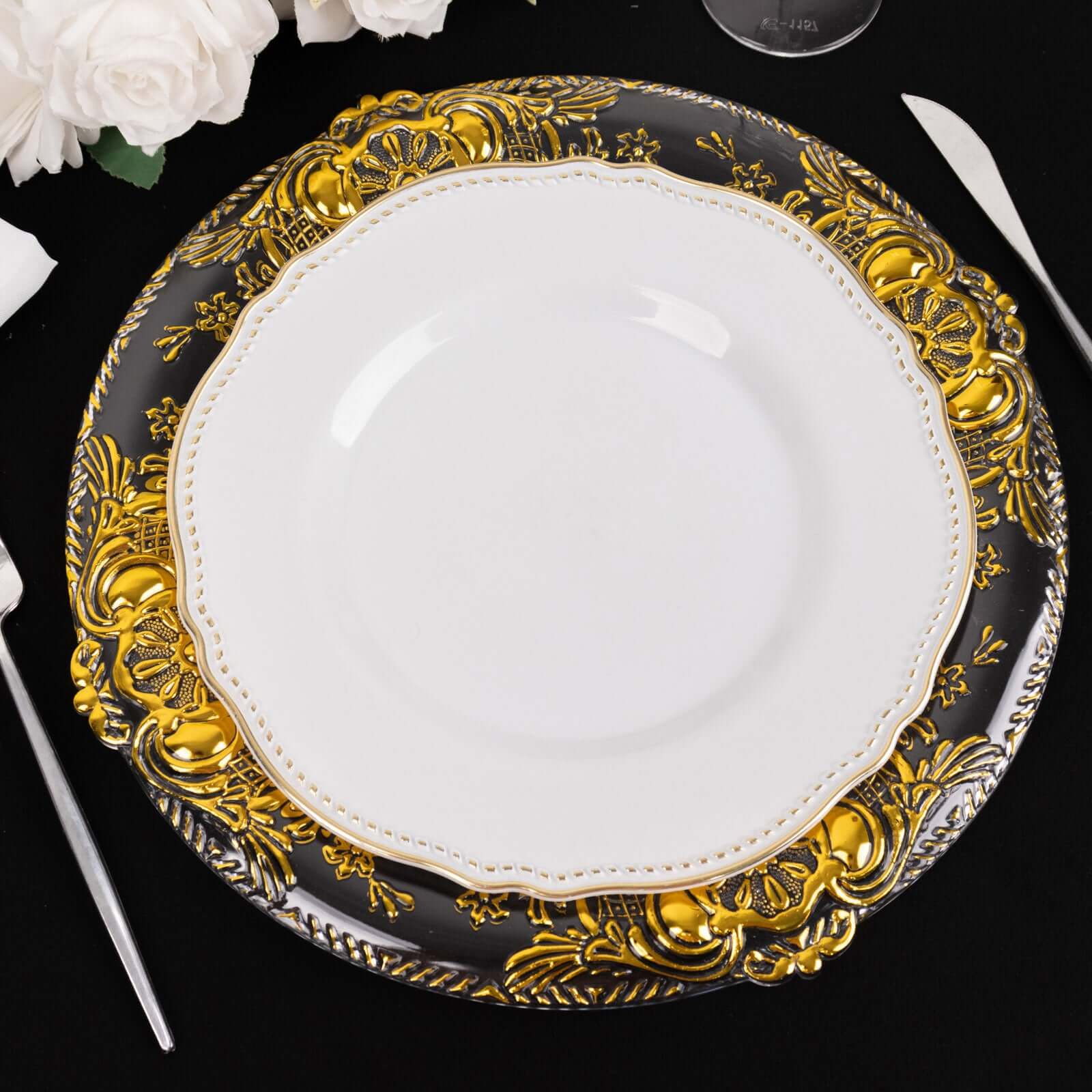 6 - Pack Plastic Round Charger Plates 13" in Clear with Gold Florentine Embossed Rim, Exquisite Dinner Serving Plates - Bell Racket Store