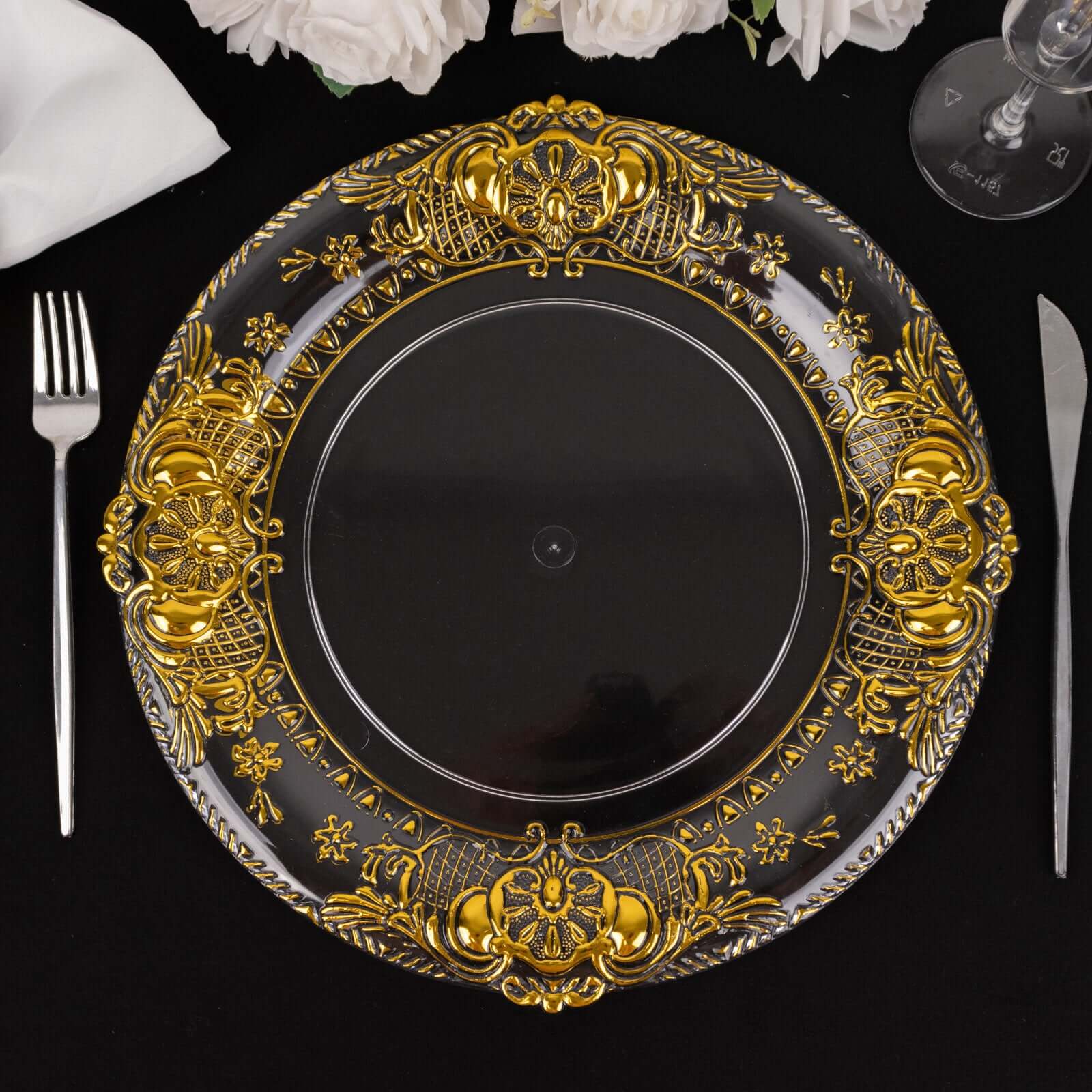 6 - Pack Plastic Round Charger Plates 13" in Clear with Gold Florentine Embossed Rim, Exquisite Dinner Serving Plates - Bell Racket Store