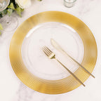 6 - Pack Plastic Round Charger Plates 13" in Clear with Gold Lined Ring Rim, Classy Dinner Serving Plates - Bell Racket Store