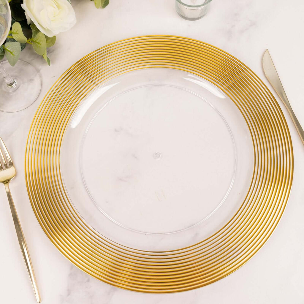 6 - Pack Plastic Round Charger Plates 13" in Clear with Gold Lined Ring Rim, Classy Dinner Serving Plates - Bell Racket Store
