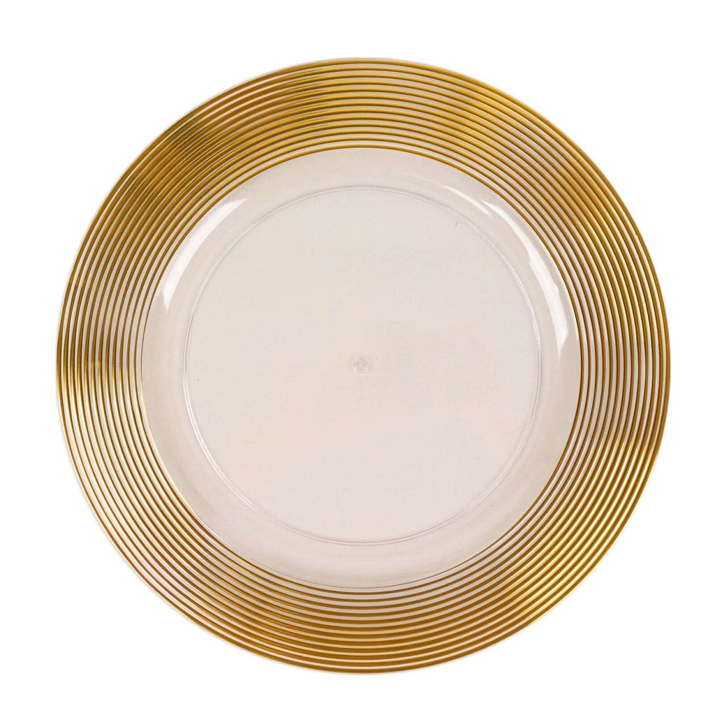 6 - Pack Plastic Round Charger Plates 13" in Clear with Gold Lined Ring Rim, Classy Dinner Serving Plates - Bell Racket Store