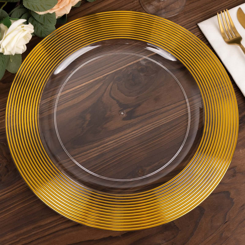 6 - Pack Plastic Round Charger Plates 13" in Clear with Gold Lined Ring Rim, Classy Dinner Serving Plates - Bell Racket Store