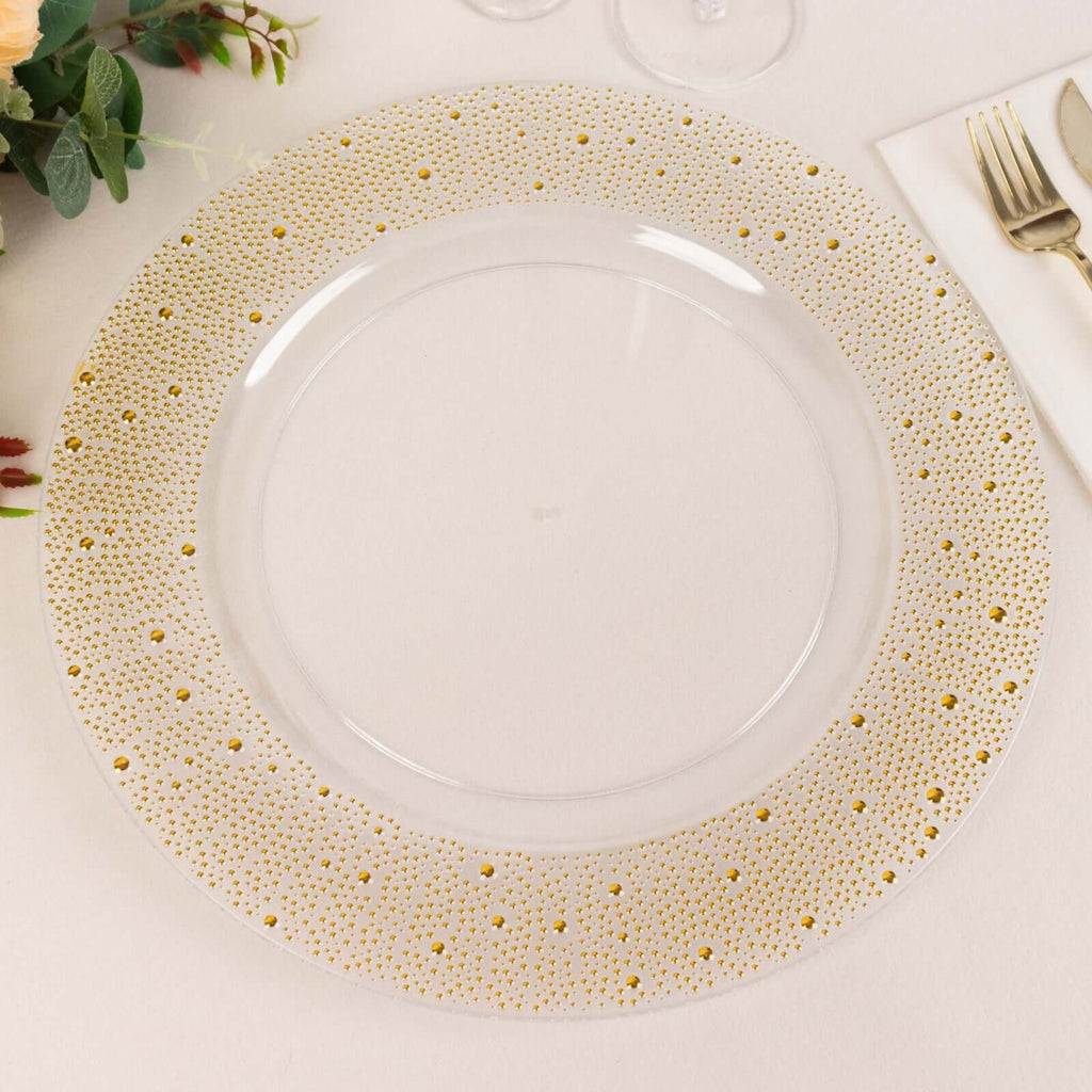 6 - Pack Plastic Round Charger Plates 13" in Clear with Gold Pearl Beaded Rim, Upscale Dinner Serving Plates - Bell Racket Store