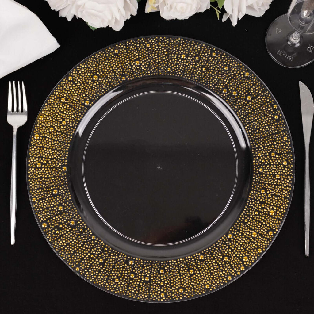 6 - Pack Plastic Round Charger Plates 13" in Clear with Gold Pearl Beaded Rim, Upscale Dinner Serving Plates - Bell Racket Store