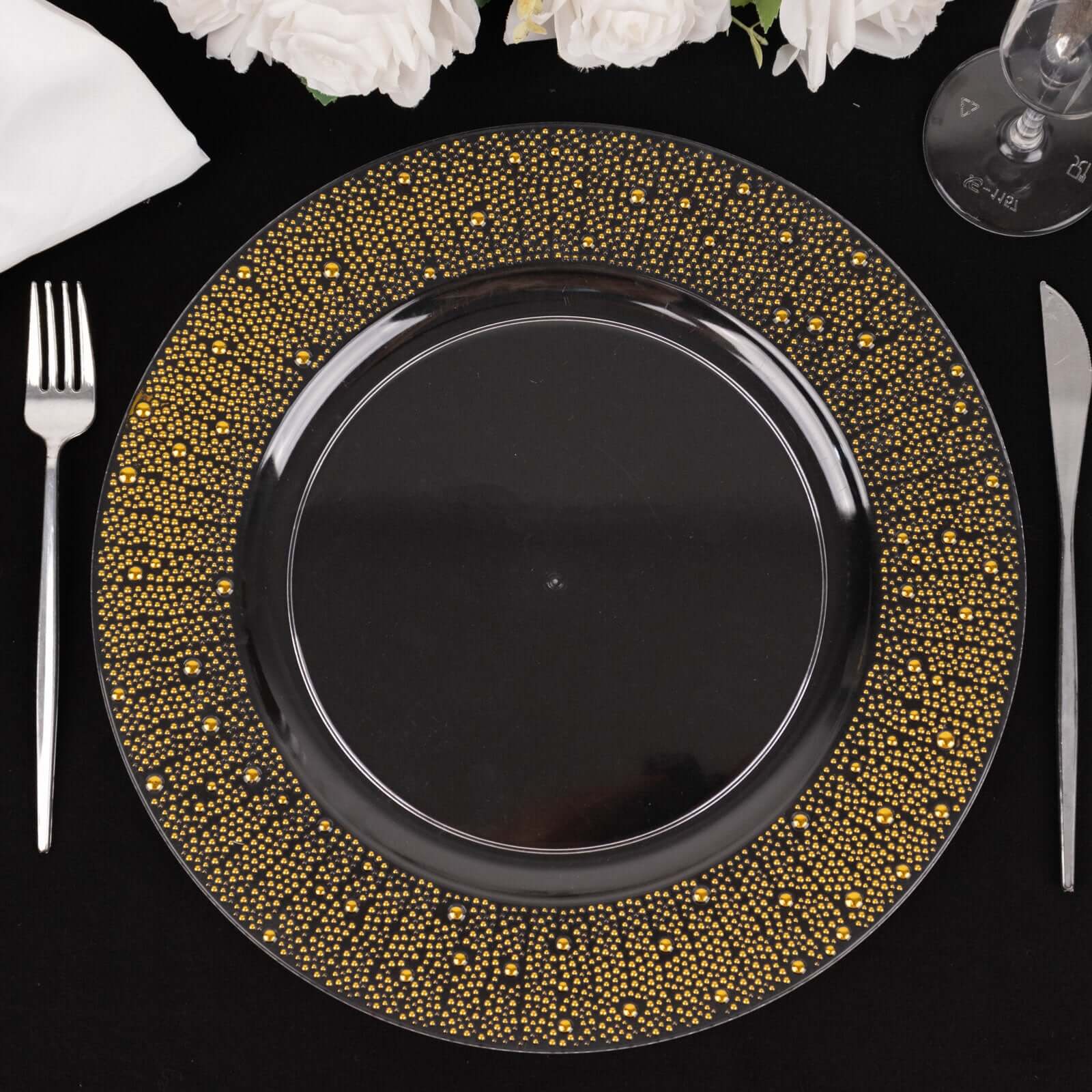 6 - Pack Plastic Round Charger Plates 13" in Clear with Gold Pearl Beaded Rim, Upscale Dinner Serving Plates - Bell Racket Store