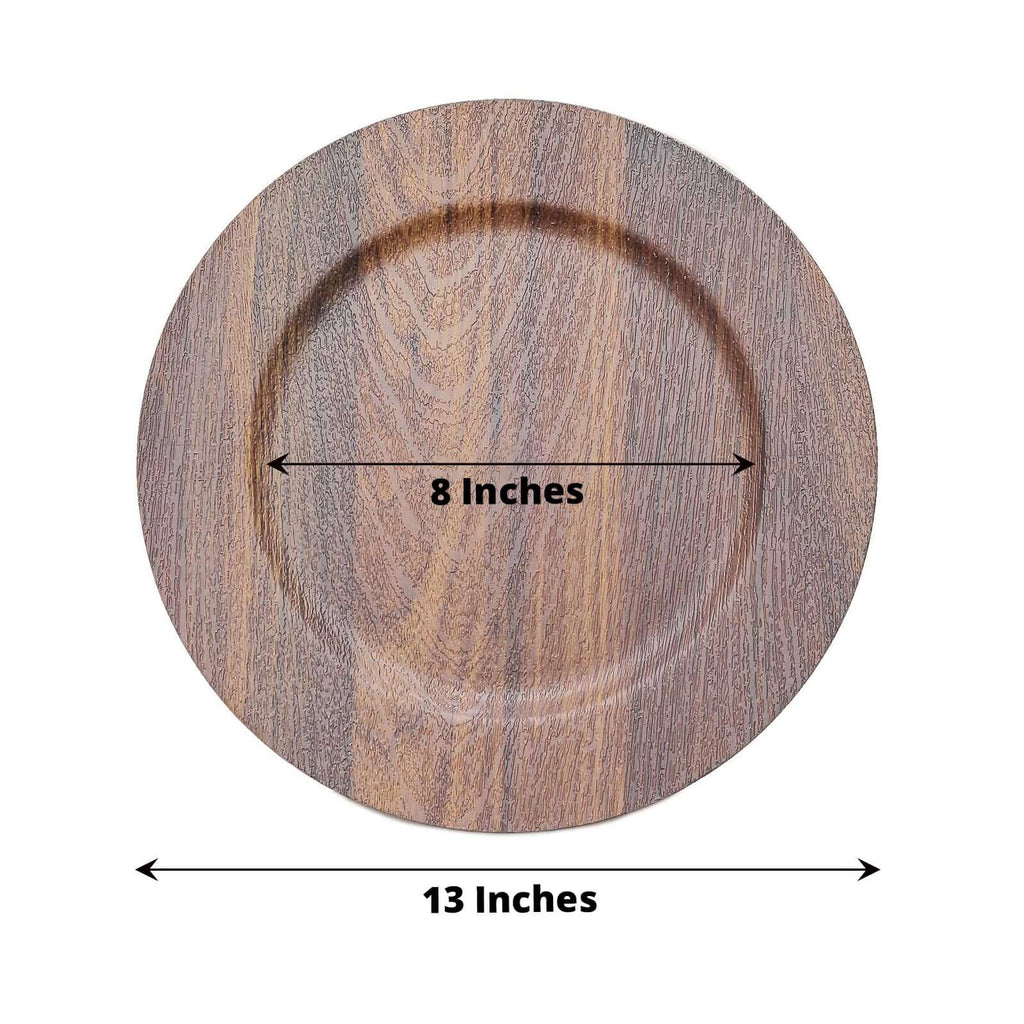 6 - Pack Plastic Round Charger Plates 13" in Dark Brown with Faux Wood Finish, Rustic Boho Chic Dinner Party Charger Tableware - Bell Racket Store