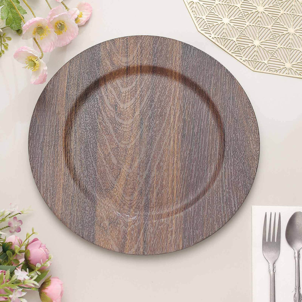 6 - Pack Plastic Round Charger Plates 13" in Dark Brown with Faux Wood Finish, Rustic Boho Chic Dinner Party Charger Tableware - Bell Racket Store