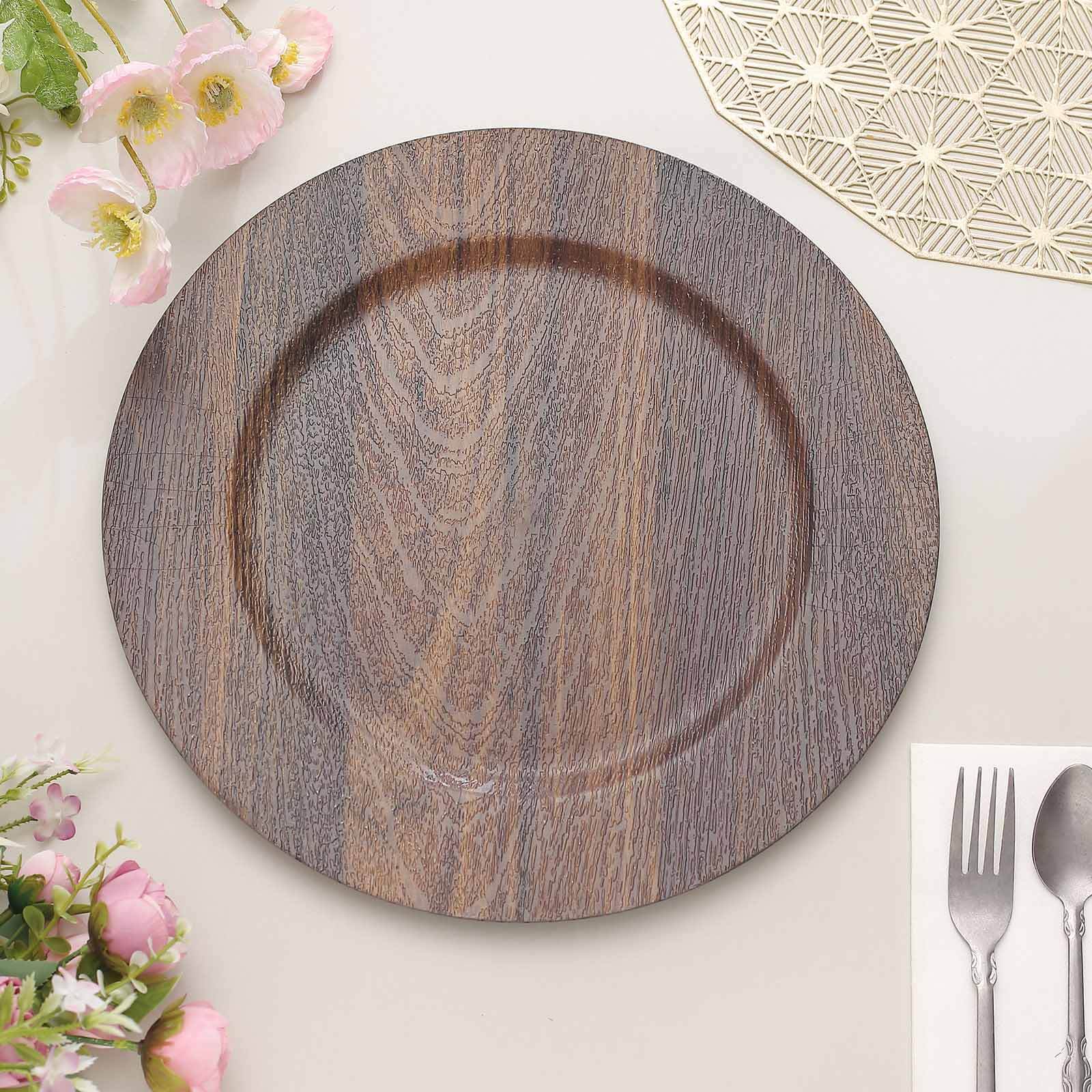6 - Pack Plastic Round Charger Plates 13" in Dark Brown with Faux Wood Finish, Rustic Boho Chic Dinner Party Charger Tableware - Bell Racket Store