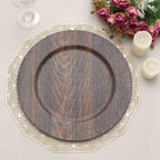 6 - Pack Plastic Round Charger Plates 13" in Dark Brown with Faux Wood Finish, Rustic Boho Chic Dinner Party Charger Tableware - Bell Racket Store