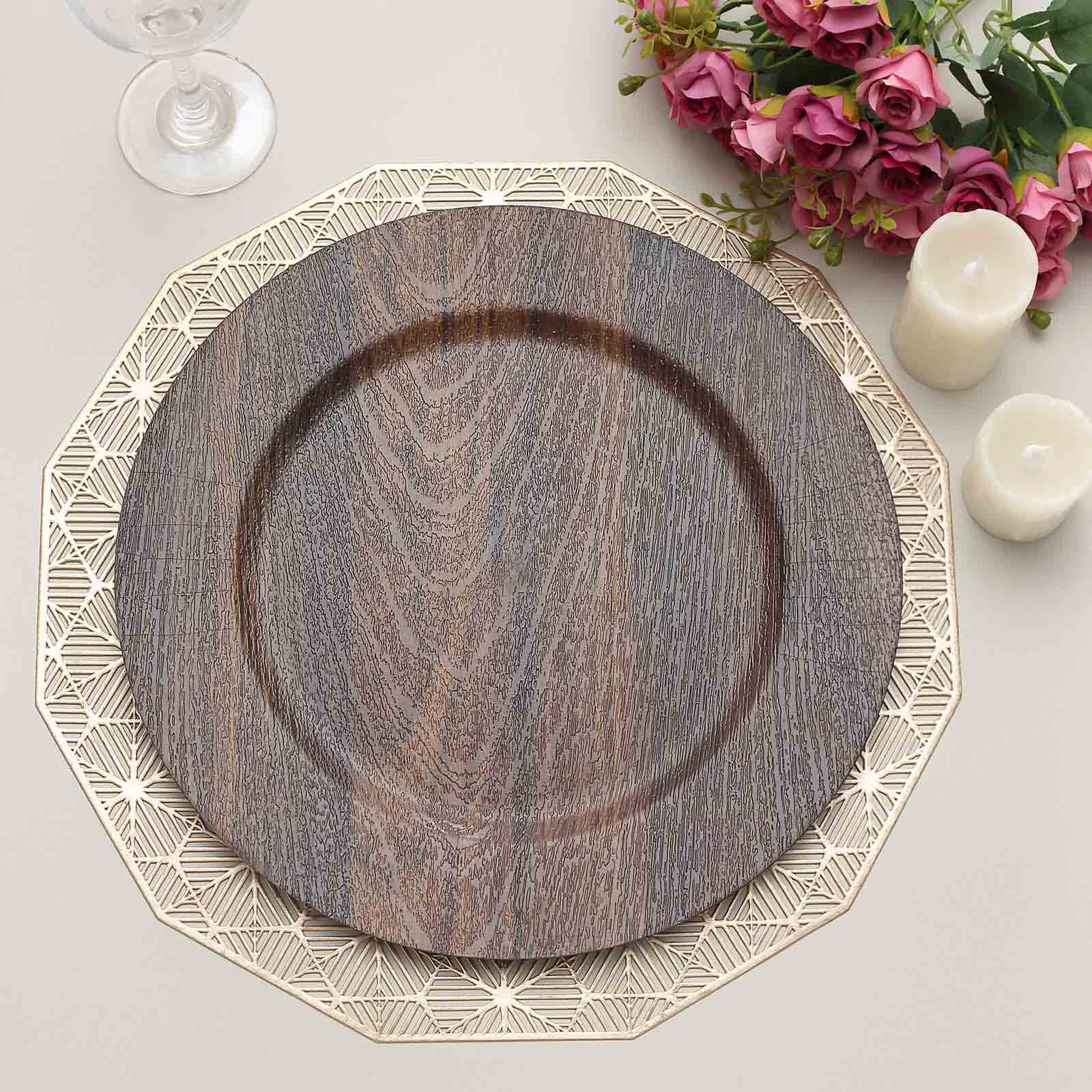 6 - Pack Plastic Round Charger Plates 13" in Dark Brown with Faux Wood Finish, Rustic Boho Chic Dinner Party Charger Tableware - Bell Racket Store