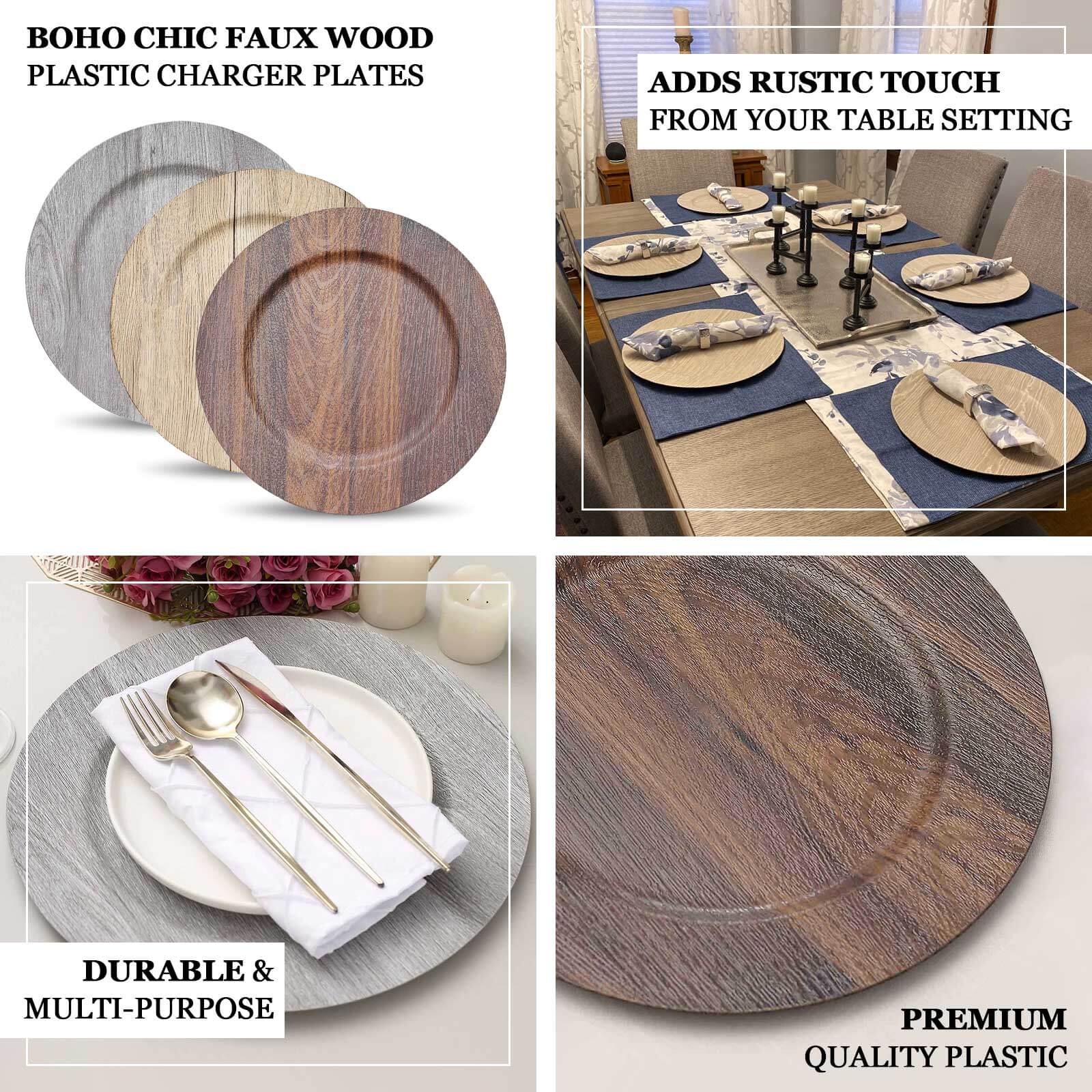 6 - Pack Plastic Round Charger Plates 13" in Dark Brown with Faux Wood Finish, Rustic Boho Chic Dinner Party Charger Tableware - Bell Racket Store