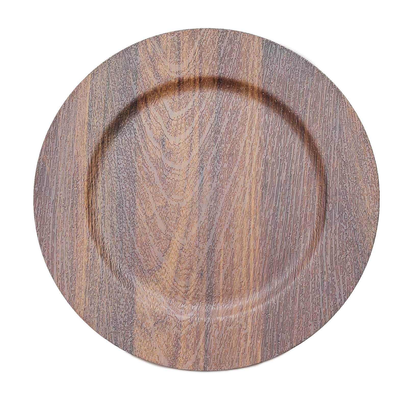 6 - Pack Plastic Round Charger Plates 13" in Dark Brown with Faux Wood Finish, Rustic Boho Chic Dinner Party Charger Tableware - Bell Racket Store