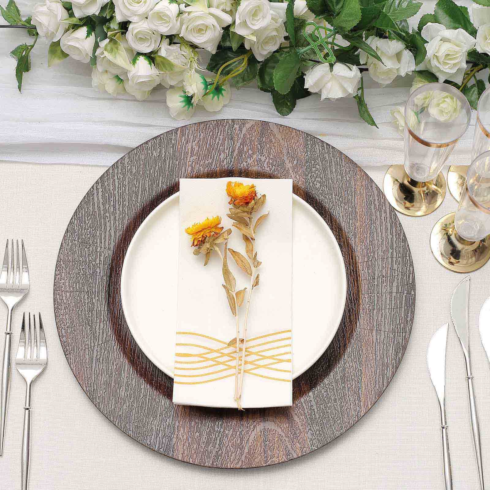 6 - Pack Plastic Round Charger Plates 13" in Dark Brown with Faux Wood Finish, Rustic Boho Chic Dinner Party Charger Tableware - Bell Racket Store