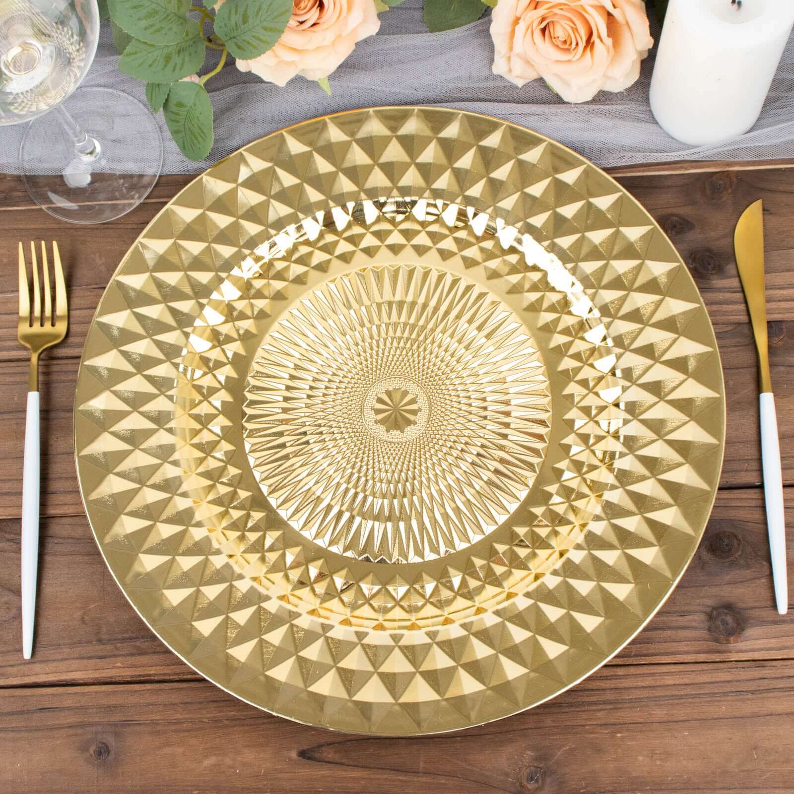 6-Pack Plastic Round Charger Plates 13" in Gold with Diamond Pattern, Sparkling Disposable Dinner Charger Tableware