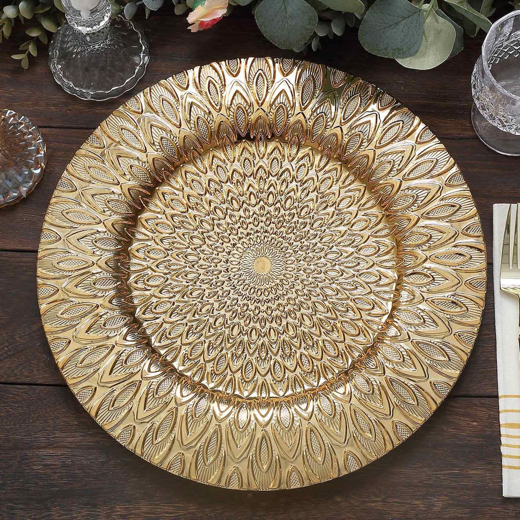 6 - Pack Plastic Round Charger Plates 13" in Gold with Embossed Peacock Pattern, Stylish Disposable Charger Tableware - Bell Racket Store