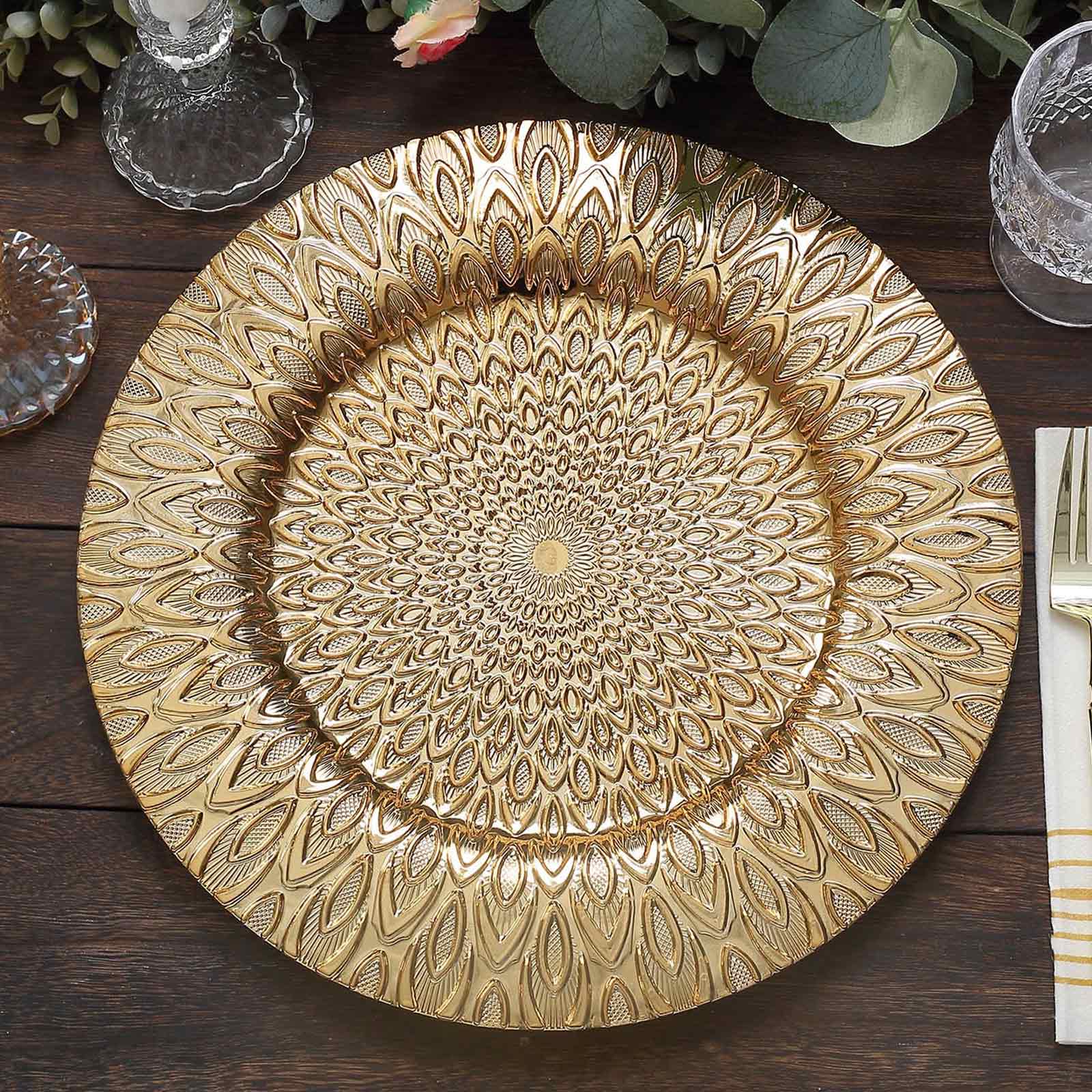 6 - Pack Plastic Round Charger Plates 13" in Gold with Embossed Peacock Pattern, Stylish Disposable Charger Tableware - Bell Racket Store