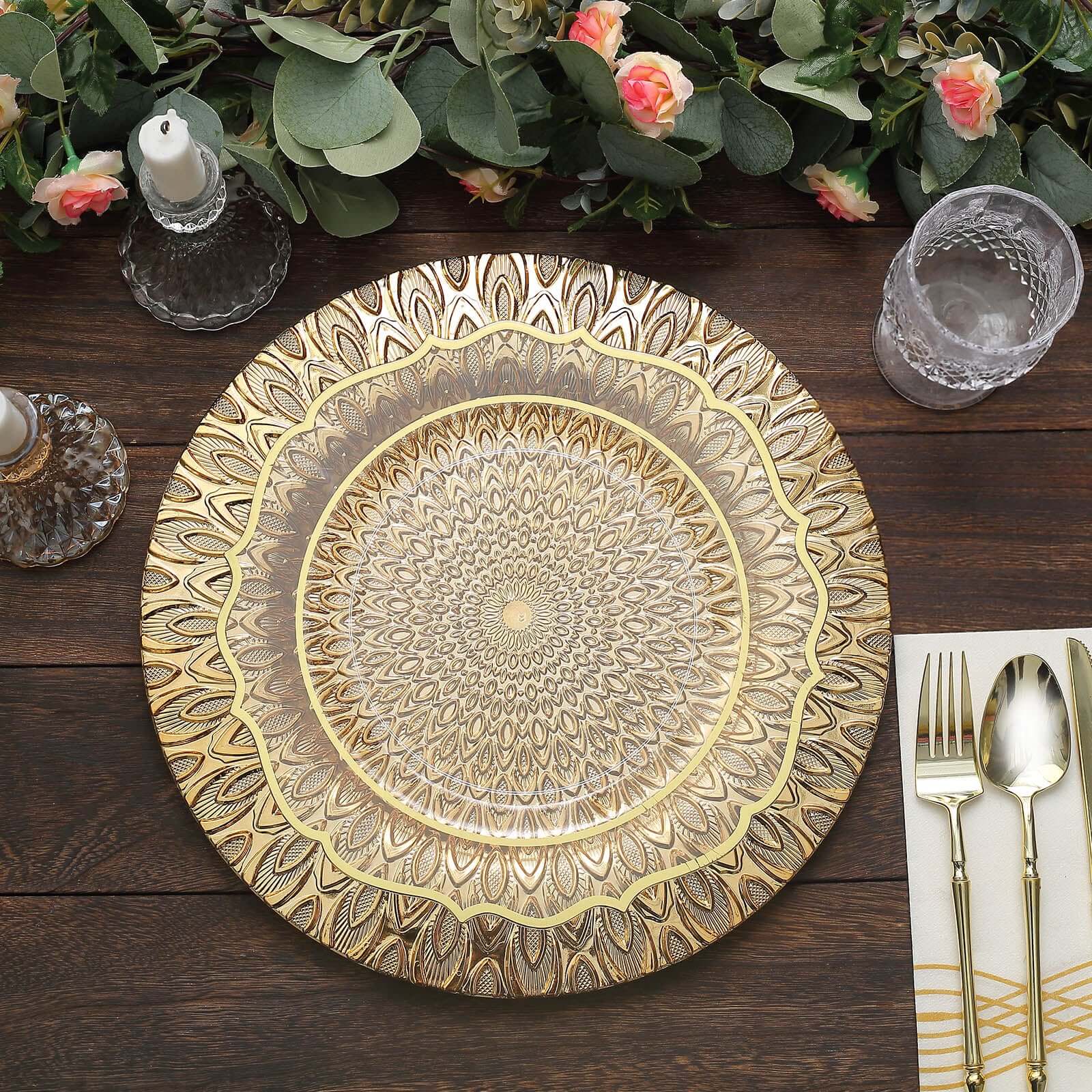 6 - Pack Plastic Round Charger Plates 13" in Gold with Embossed Peacock Pattern, Stylish Disposable Charger Tableware - Bell Racket Store