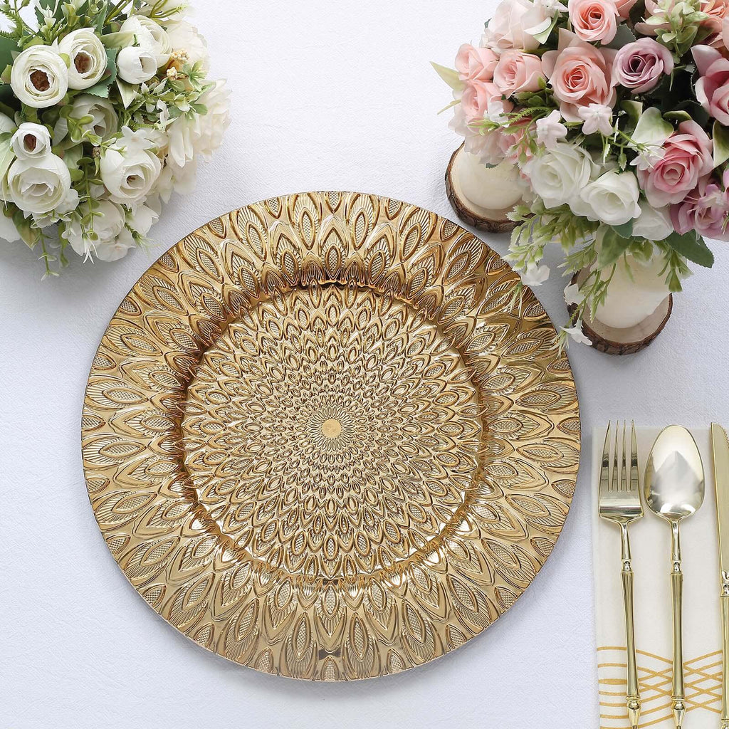 6 - Pack Plastic Round Charger Plates 13" in Gold with Embossed Peacock Pattern, Stylish Disposable Charger Tableware - Bell Racket Store