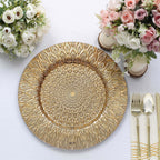 6 - Pack Plastic Round Charger Plates 13" in Gold with Embossed Peacock Pattern, Stylish Disposable Charger Tableware - Bell Racket Store