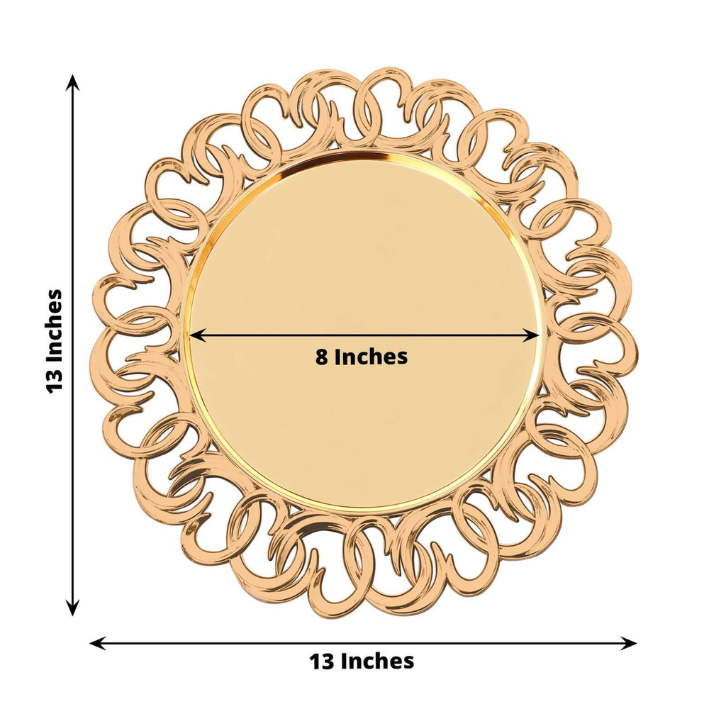 6 - Pack Plastic Round Charger Plates 13" in Gold with Entwined Swirl Rim, Plastic Disposable Decorative Chargers - Bell Racket Store