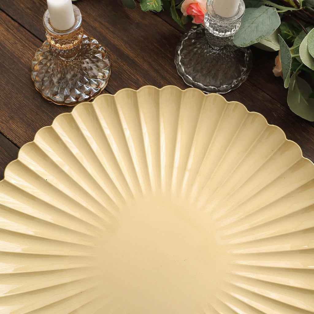 6 - Pack Plastic Round Charger Plates 13" in Gold with Scalloped Shell Pattern, Coastal Inspired Disposable Charger Tableware - Bell Racket Store