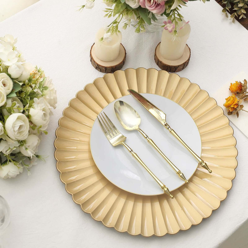 6 - Pack Plastic Round Charger Plates 13" in Gold with Scalloped Shell Pattern, Coastal Inspired Disposable Charger Tableware - Bell Racket Store
