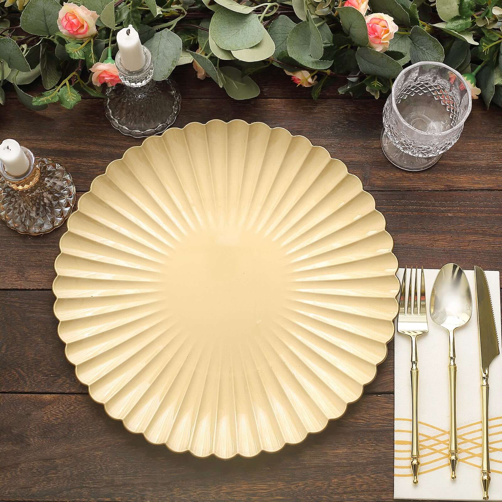 6 - Pack Plastic Round Charger Plates 13" in Gold with Scalloped Shell Pattern, Coastal Inspired Disposable Charger Tableware - Bell Racket Store