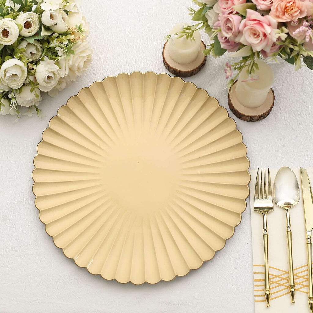 6 - Pack Plastic Round Charger Plates 13" in Gold with Scalloped Shell Pattern, Coastal Inspired Disposable Charger Tableware - Bell Racket Store