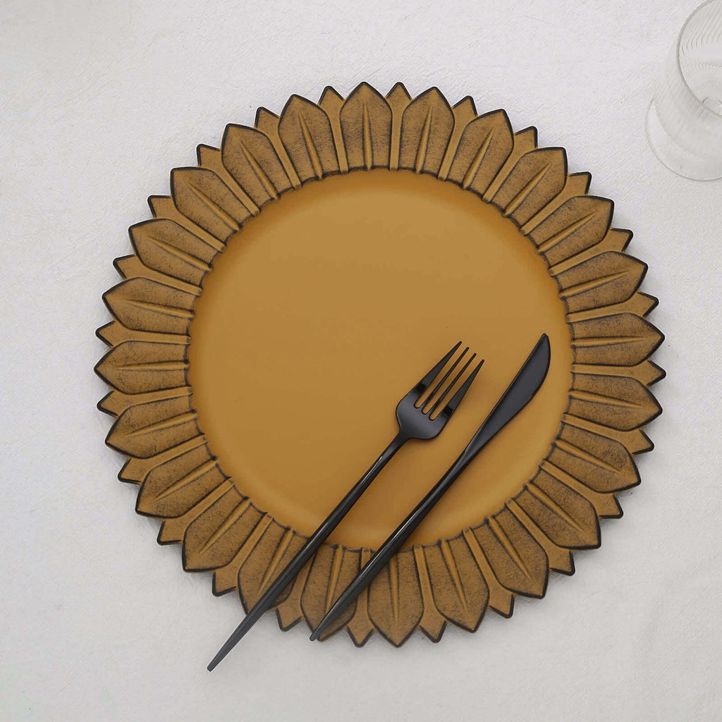 6 - Pack Plastic Round Charger Plates 13" in Mustard Yellow with Sunflower Rim, Matte Finish Disposable Dinner Charger Tableware - Bell Racket Store