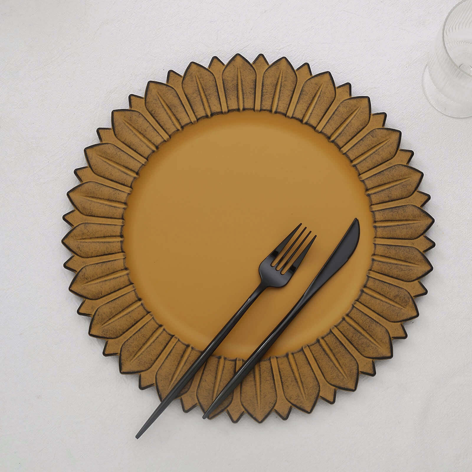 6 - Pack Plastic Round Charger Plates 13" in Mustard Yellow with Sunflower Rim, Matte Finish Disposable Dinner Charger Tableware - Bell Racket Store