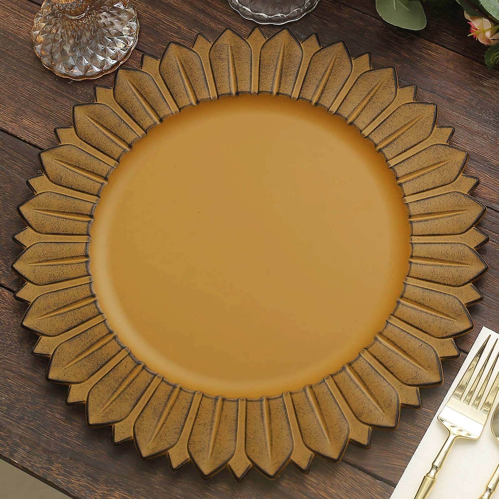 6 - Pack Plastic Round Charger Plates 13" in Mustard Yellow with Sunflower Rim, Matte Finish Disposable Dinner Charger Tableware - Bell Racket Store