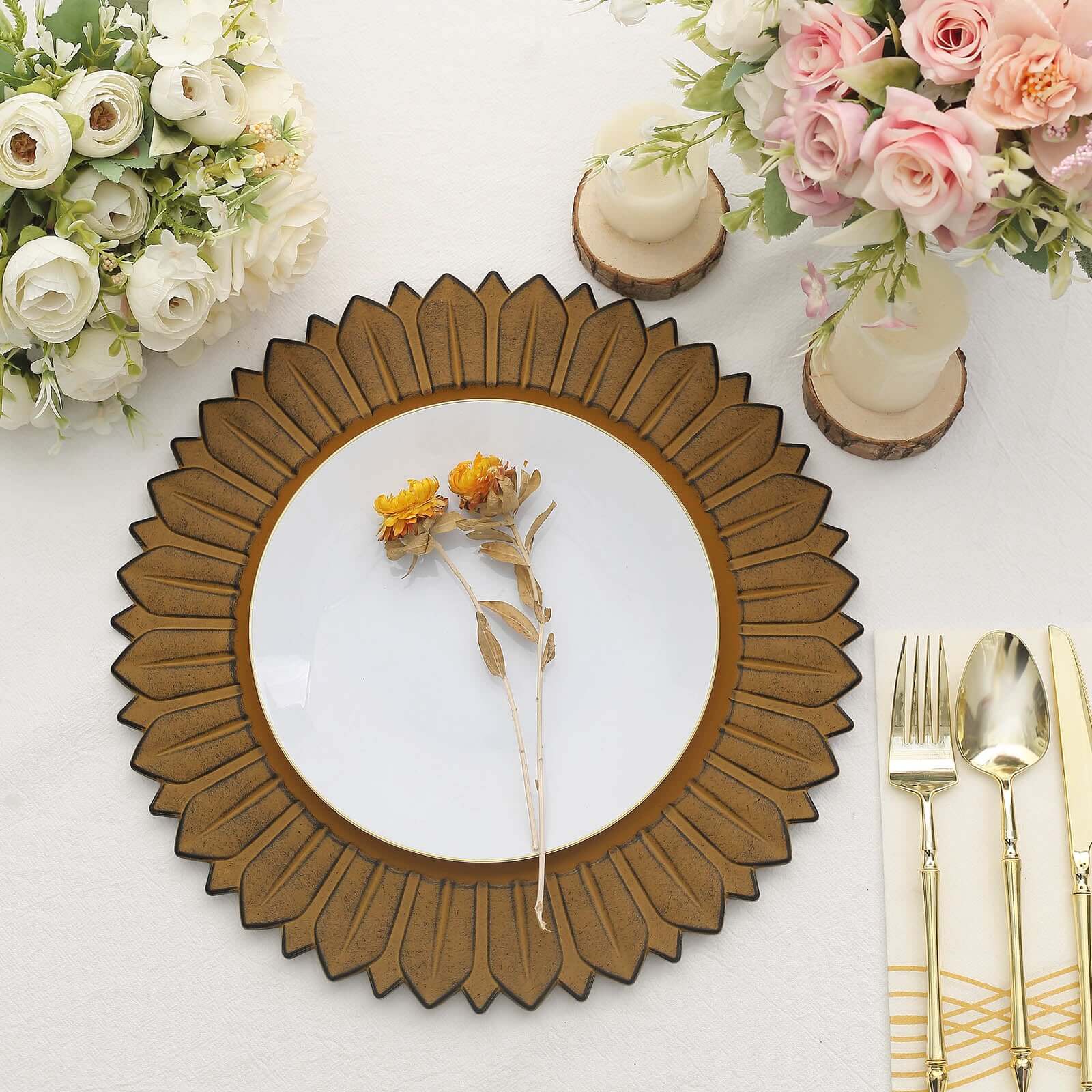 6 - Pack Plastic Round Charger Plates 13" in Mustard Yellow with Sunflower Rim, Matte Finish Disposable Dinner Charger Tableware - Bell Racket Store