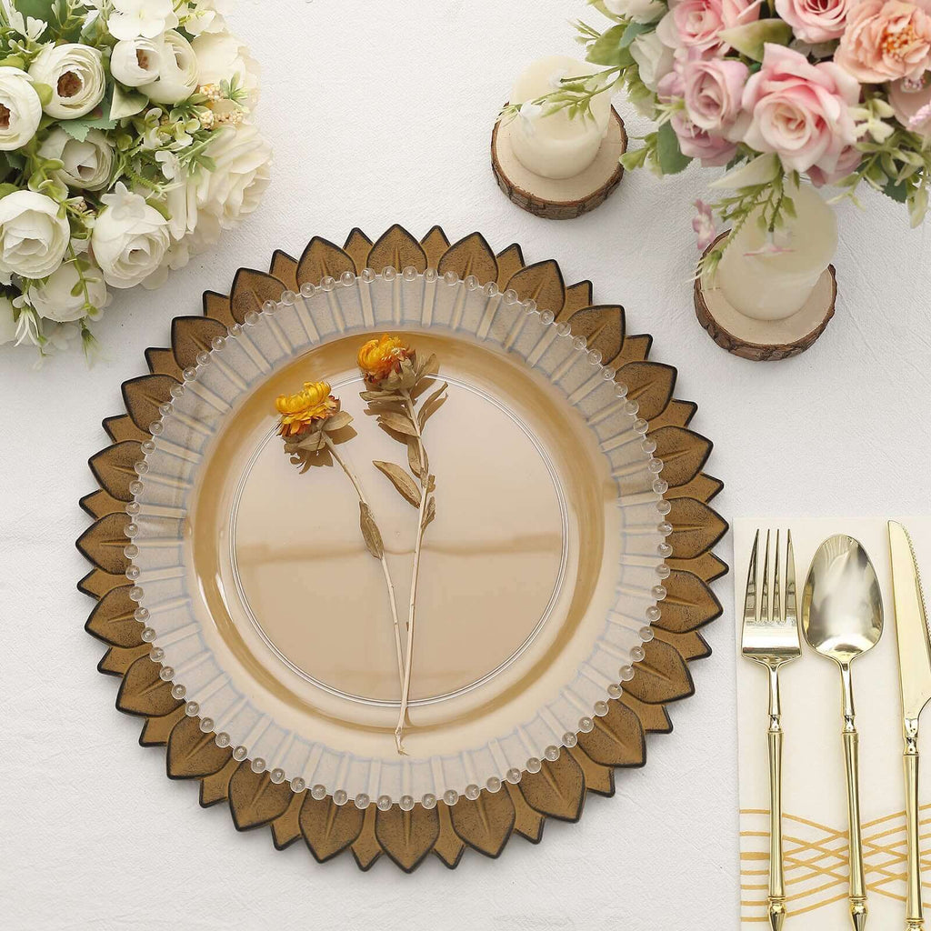 6 - Pack Plastic Round Charger Plates 13" in Mustard Yellow with Sunflower Rim, Matte Finish Disposable Dinner Charger Tableware - Bell Racket Store