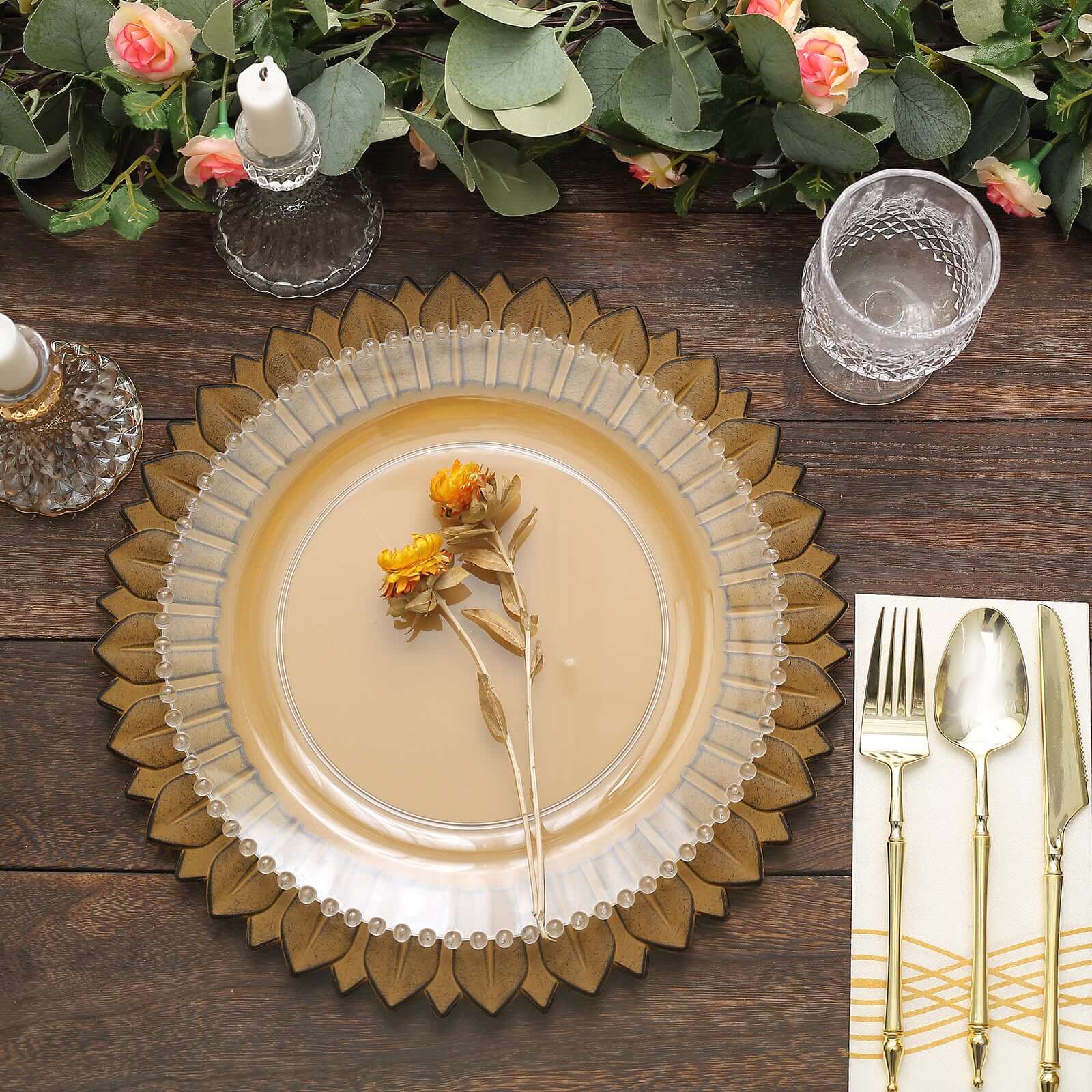 6 - Pack Plastic Round Charger Plates 13" in Mustard Yellow with Sunflower Rim, Matte Finish Disposable Dinner Charger Tableware - Bell Racket Store