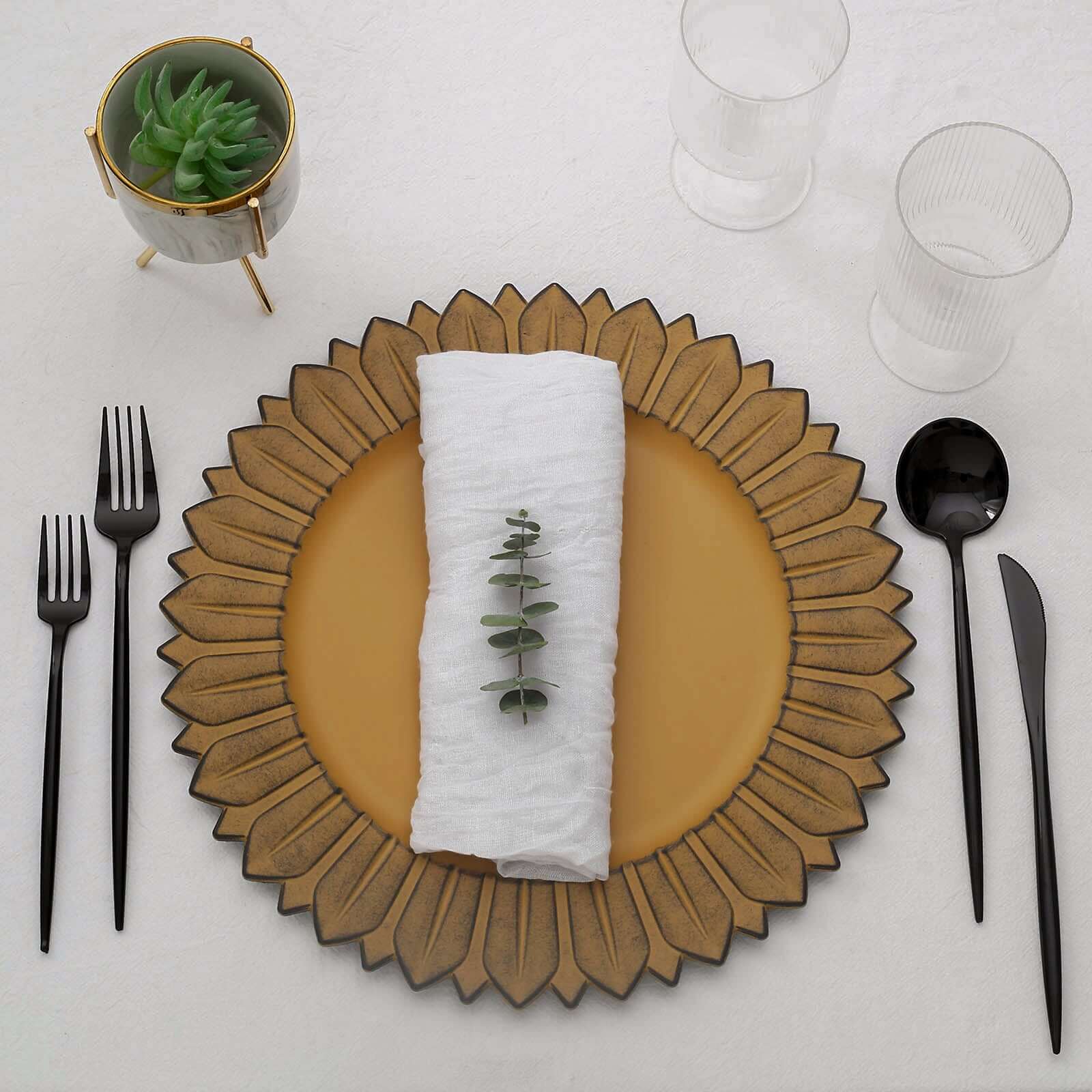 6 - Pack Plastic Round Charger Plates 13" in Mustard Yellow with Sunflower Rim, Matte Finish Disposable Dinner Charger Tableware - Bell Racket Store