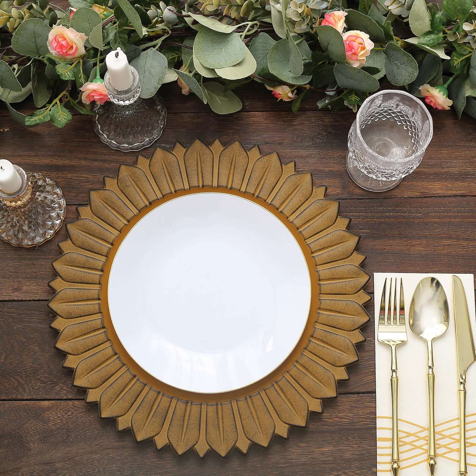 6 - Pack Plastic Round Charger Plates 13" in Mustard Yellow with Sunflower Rim, Matte Finish Disposable Dinner Charger Tableware - Bell Racket Store