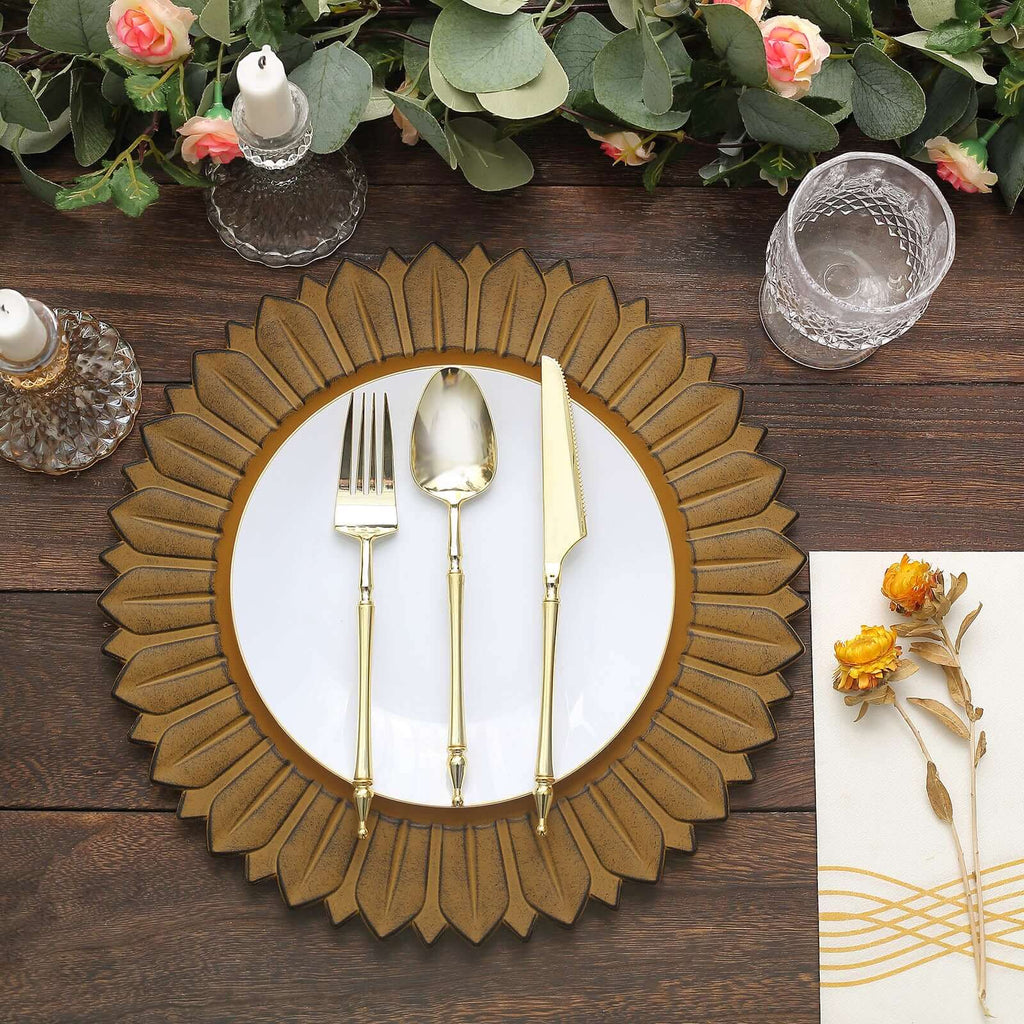 6 - Pack Plastic Round Charger Plates 13" in Mustard Yellow with Sunflower Rim, Matte Finish Disposable Dinner Charger Tableware - Bell Racket Store