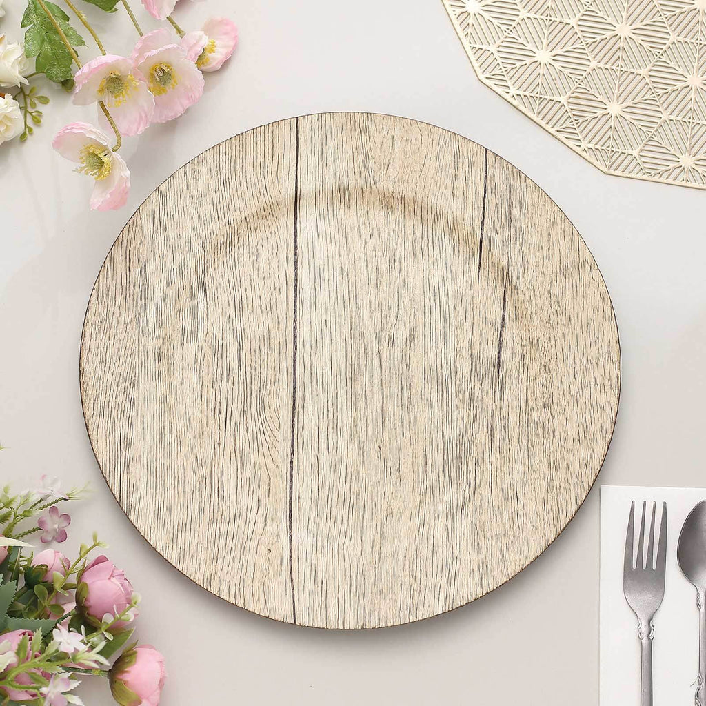6 - Pack Plastic Round Charger Plates 13" in Natural with Faux Wood Finish, Rustic Boho Chic Dinner Party Charger Tableware - Bell Racket Store