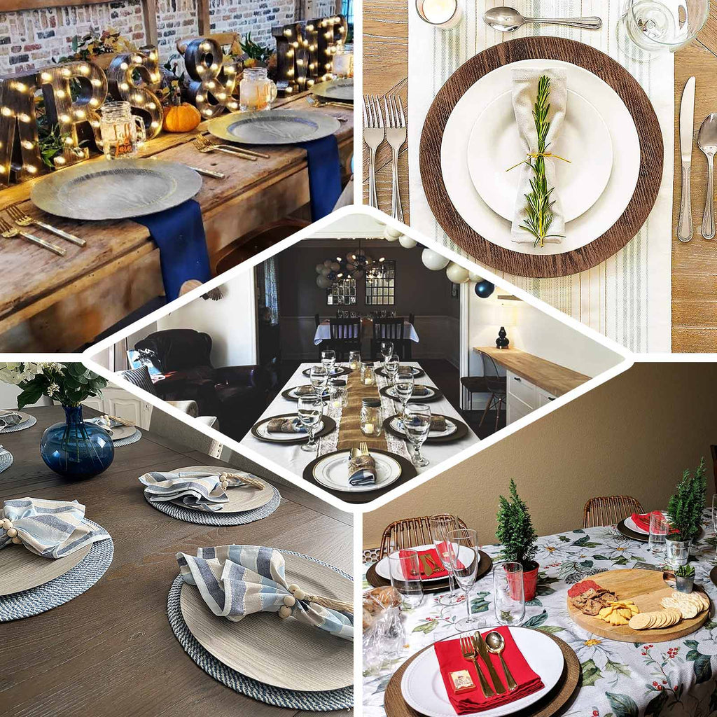 6 - Pack Plastic Round Charger Plates 13" in Natural with Faux Wood Finish, Rustic Boho Chic Dinner Party Charger Tableware - Bell Racket Store