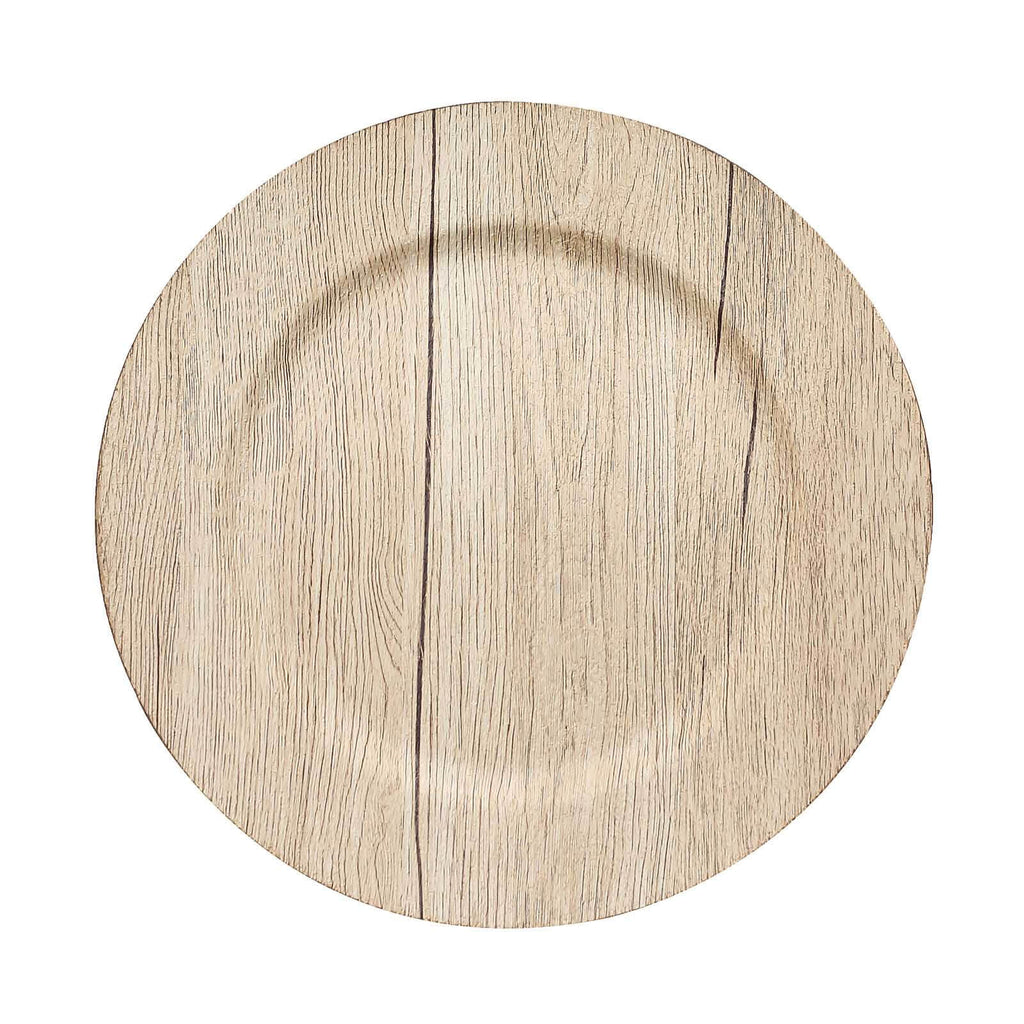 6 - Pack Plastic Round Charger Plates 13" in Natural with Faux Wood Finish, Rustic Boho Chic Dinner Party Charger Tableware - Bell Racket Store