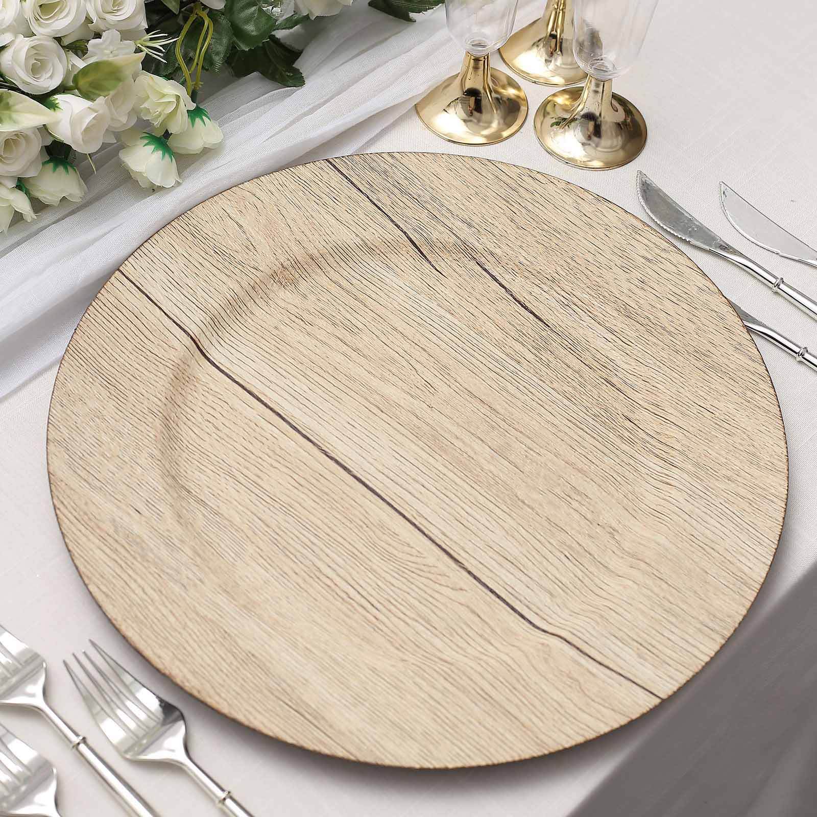 6 - Pack Plastic Round Charger Plates 13" in Natural with Faux Wood Finish, Rustic Boho Chic Dinner Party Charger Tableware - Bell Racket Store
