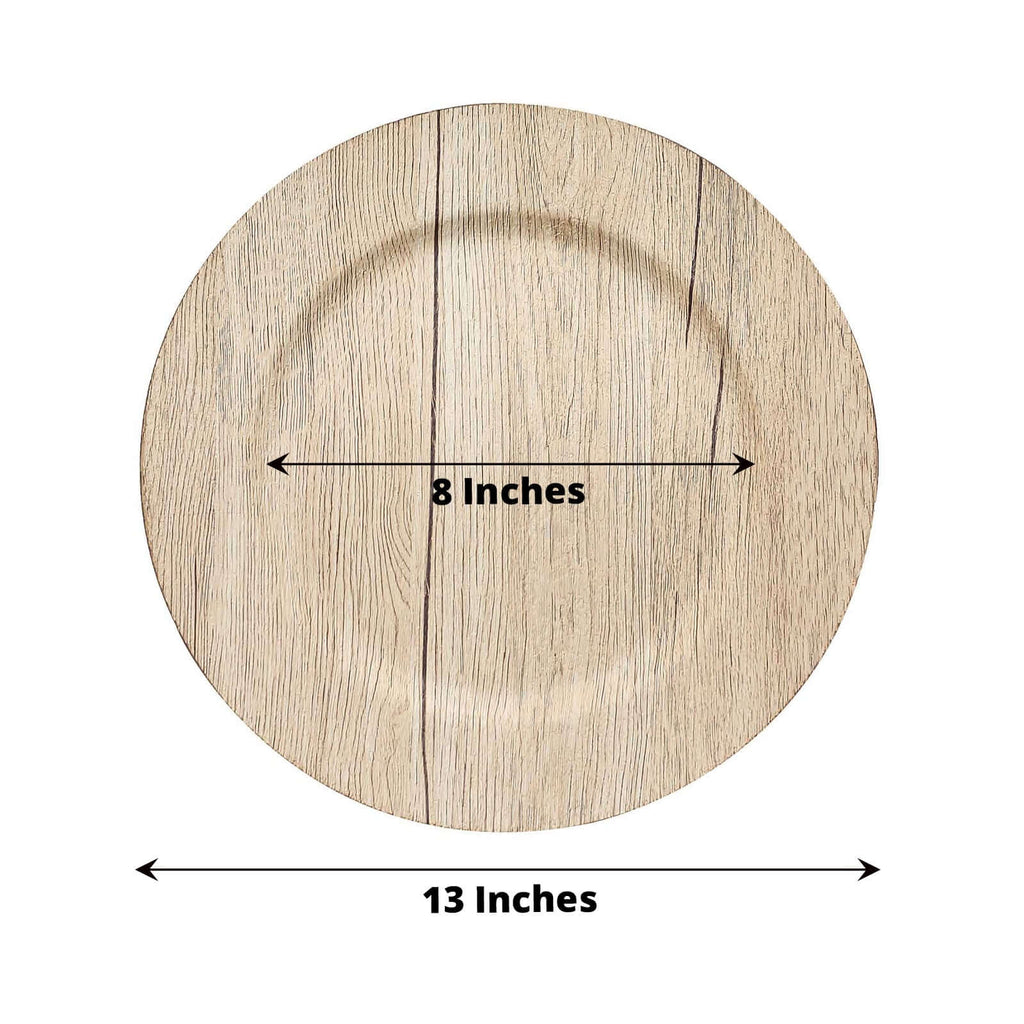 6 - Pack Plastic Round Charger Plates 13" in Natural with Faux Wood Finish, Rustic Boho Chic Dinner Party Charger Tableware - Bell Racket Store