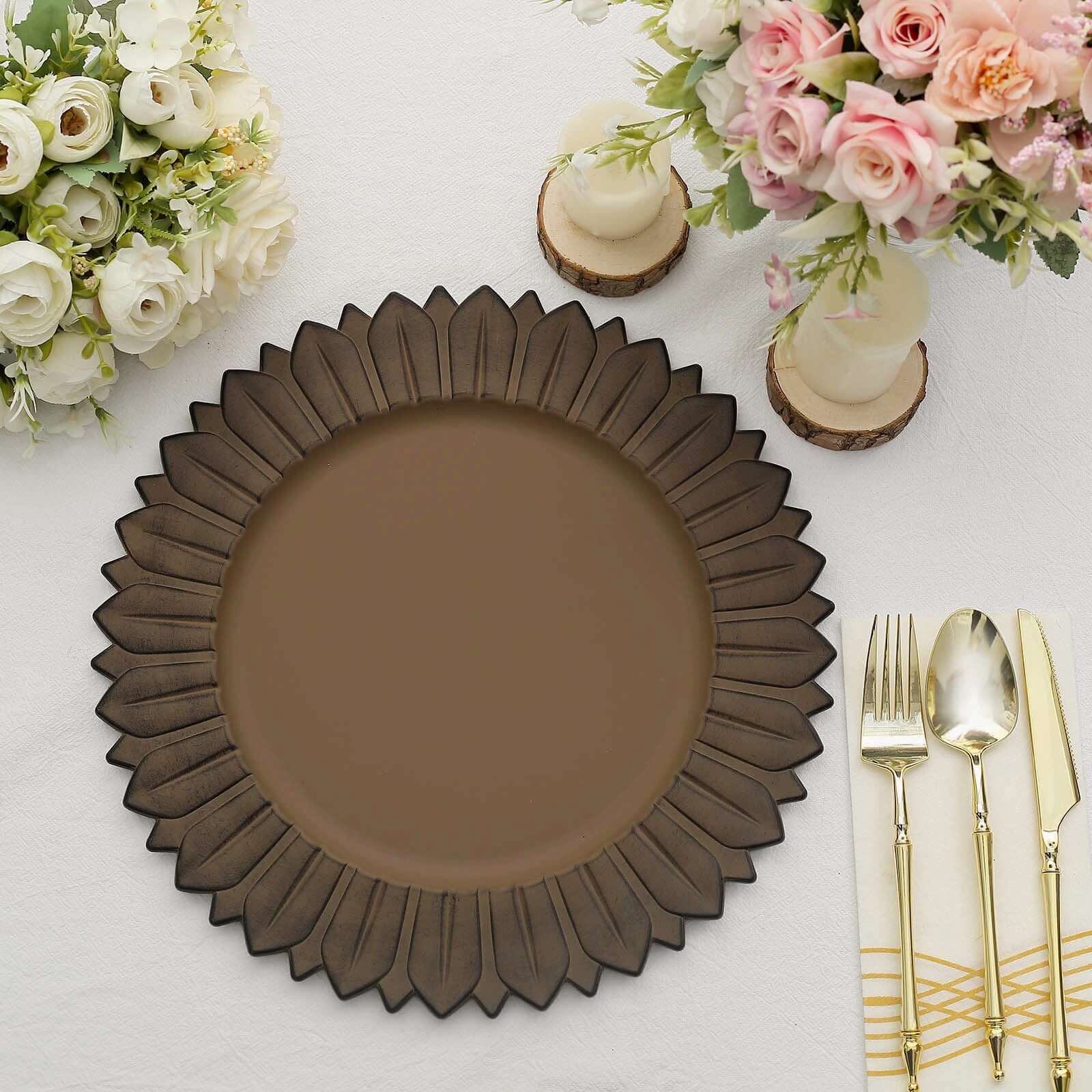6 - Pack Plastic Round Charger Plates 13" in Natural with Sunflower Rim, Matte Finish Disposable Dinner Charger Tableware - Bell Racket Store