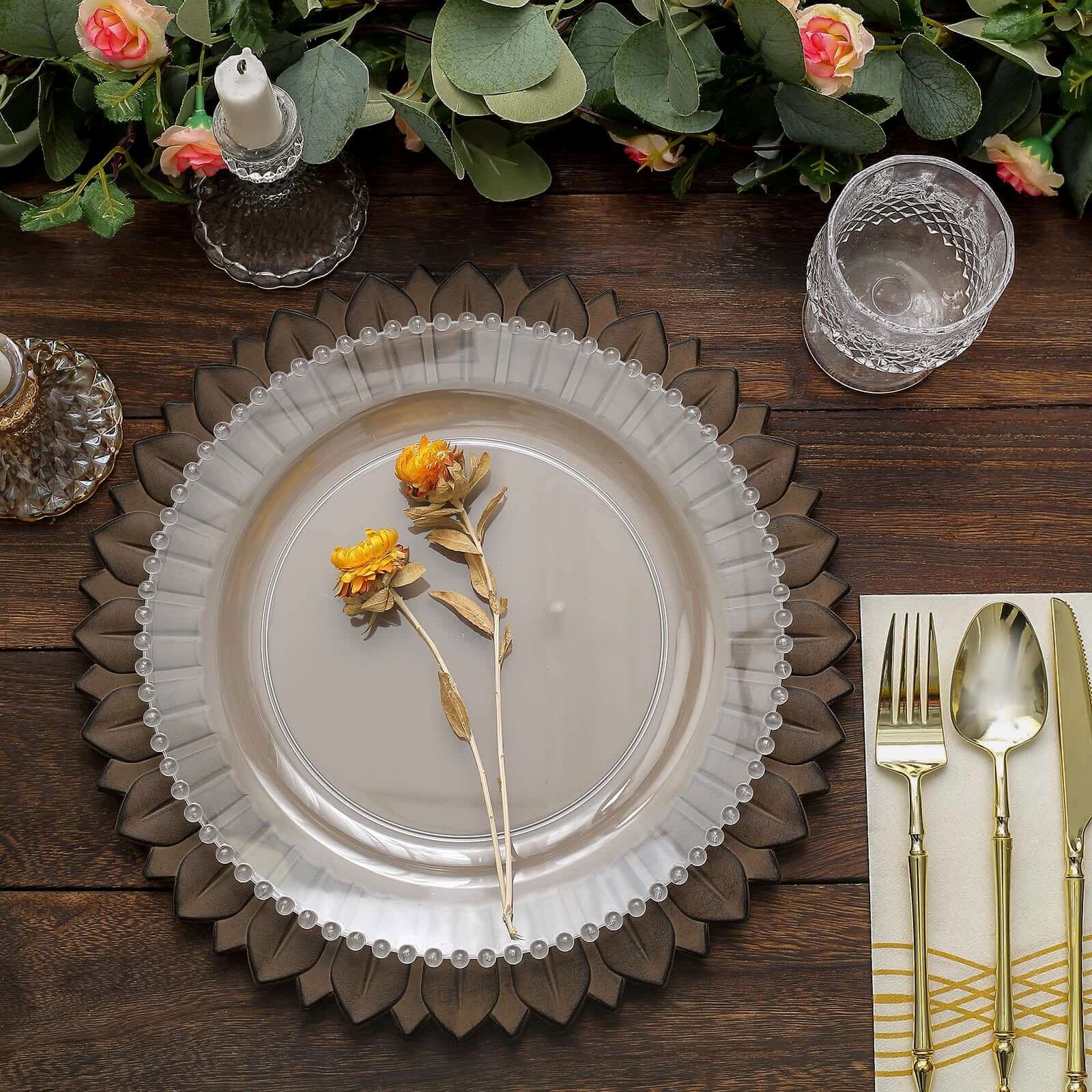 6 - Pack Plastic Round Charger Plates 13" in Natural with Sunflower Rim, Matte Finish Disposable Dinner Charger Tableware - Bell Racket Store