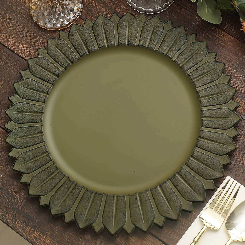 6 - Pack Plastic Round Charger Plates 13" in Olive Green with Sunflower Rim, Matte Finish Disposable Dinner Charger Tableware - Bell Racket Store