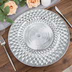 6-Pack Plastic Round Charger Plates 13" in Silver with Diamond Pattern, Sparkling Disposable Dinner Charger Tableware